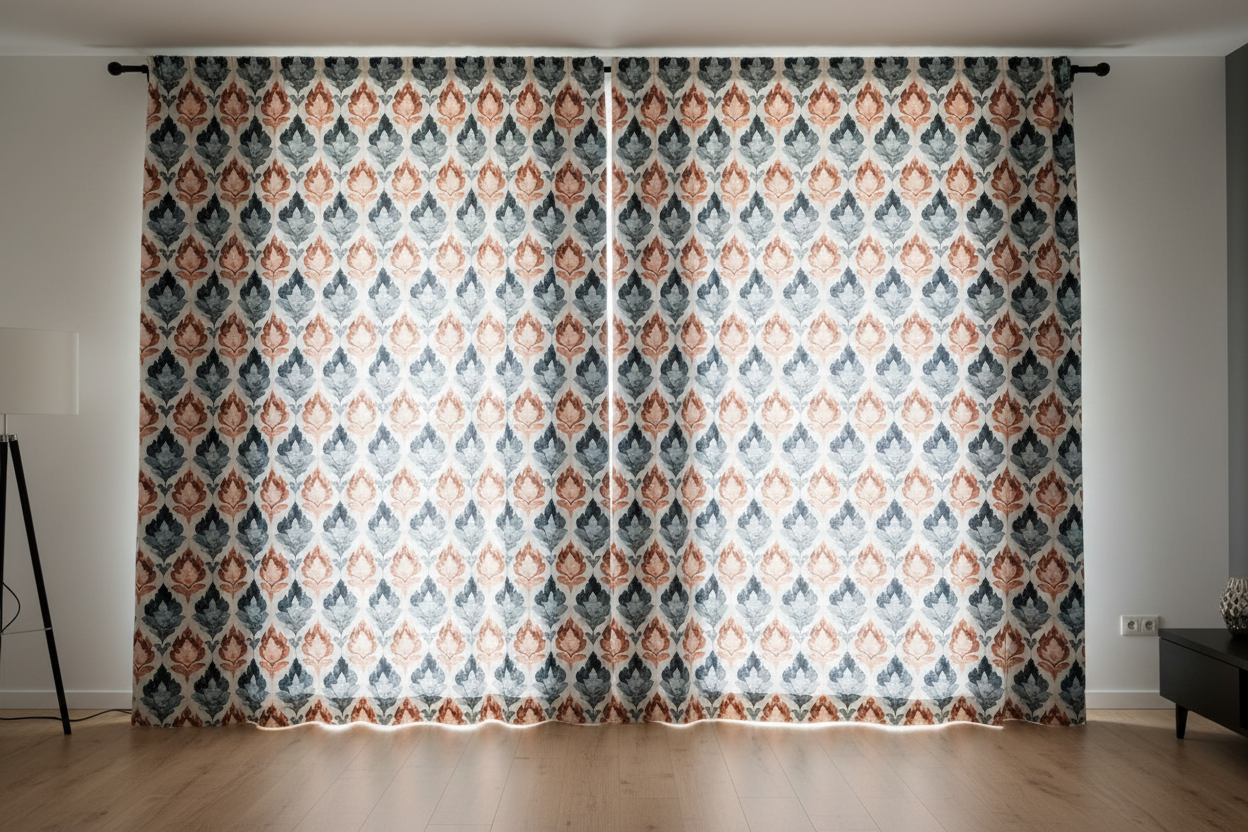 Patterned fabric with floral design in blue, orange, and black on a light background